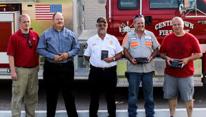 Local firefighters were recognized by Modern Woodmen, by representative Travis Camp, and Fordsville Fire Dept. Chief Justin Cooper, with an awards ceremony last week at Dairy Queen in Beaver Dam. Pictured L-to-R: Chief Justin Cooper, Fordsvill Fire Dept.; Travis Camp, Modern Woodmen; Wendell Howard, Centertown Fire Dept.; Chief Danny Pogue, McHenry Fire Dept. and Danny Wilson, Hartford Fire Dept.