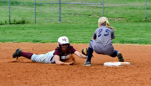 OC second baseman Morgan Bennett tags out a McLean County baserunner during the Lady Eagles' win over McLean County Monday evening.
