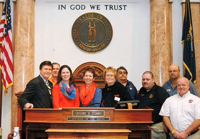 An Ohio County delegation including firefighters and fire chiefs traveled to Frankfort during the annual Kentucky Food Bank Rally. Pictured L-to-R: State Representative Tommy Thompson, Chris Baird, Becky Baird, Patti Boone, Charlotte Whittaker, David Himes, Christ Shephard, Jason Geary and Charlie Shield.