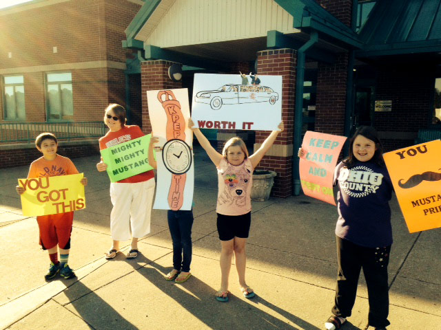With KPREP testing commencing across the state students and faculty at Wayland Alexander Elementary cheered the testers on. Pictured: Alex Shock, Pam Kirtley, Presley Bishop, Ellison Storm, and Aly Bishop.