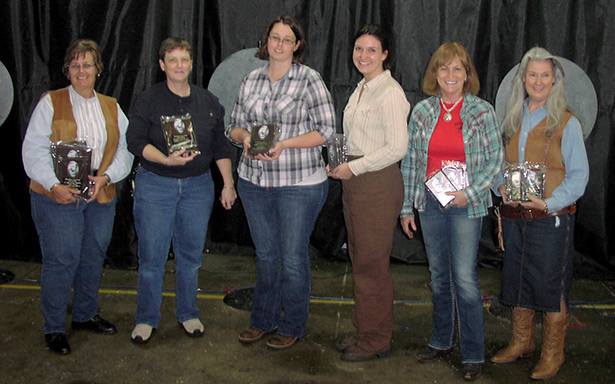Overall top six women for both days. Women's Champion Snake Charmer aka Dena Alphin; second place, Traveler aka Dee Gibbs; third place, Wildfire aka Pam Maiden; fourth place, Ms. Cisco aka Paula Sissel; fifth place, Schoolmarm aka Sheila Hack; sixth place Prairie Wind aka Heather Duty.