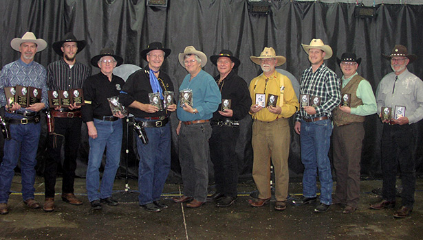 Top 10 men for both days. Mens overall champion, One Shot aka Tim Hack; second place, Cool Hand Dan aka Daniel Hack; third place, Sundance aka Ron Bright; fourth place, Shane aka James Casteel; fifth place, Stainless Steel aka Steelman Borden; sixth place, Bobtown Red aka Robin Russell; seventh place, Diamondback Billy aka James Alphin; eighth place, Green River aka Nick Maiden; nineth place, The Counselor aka Russ Duty; and 10th place, Jayhawker aka Bob Arganbright.